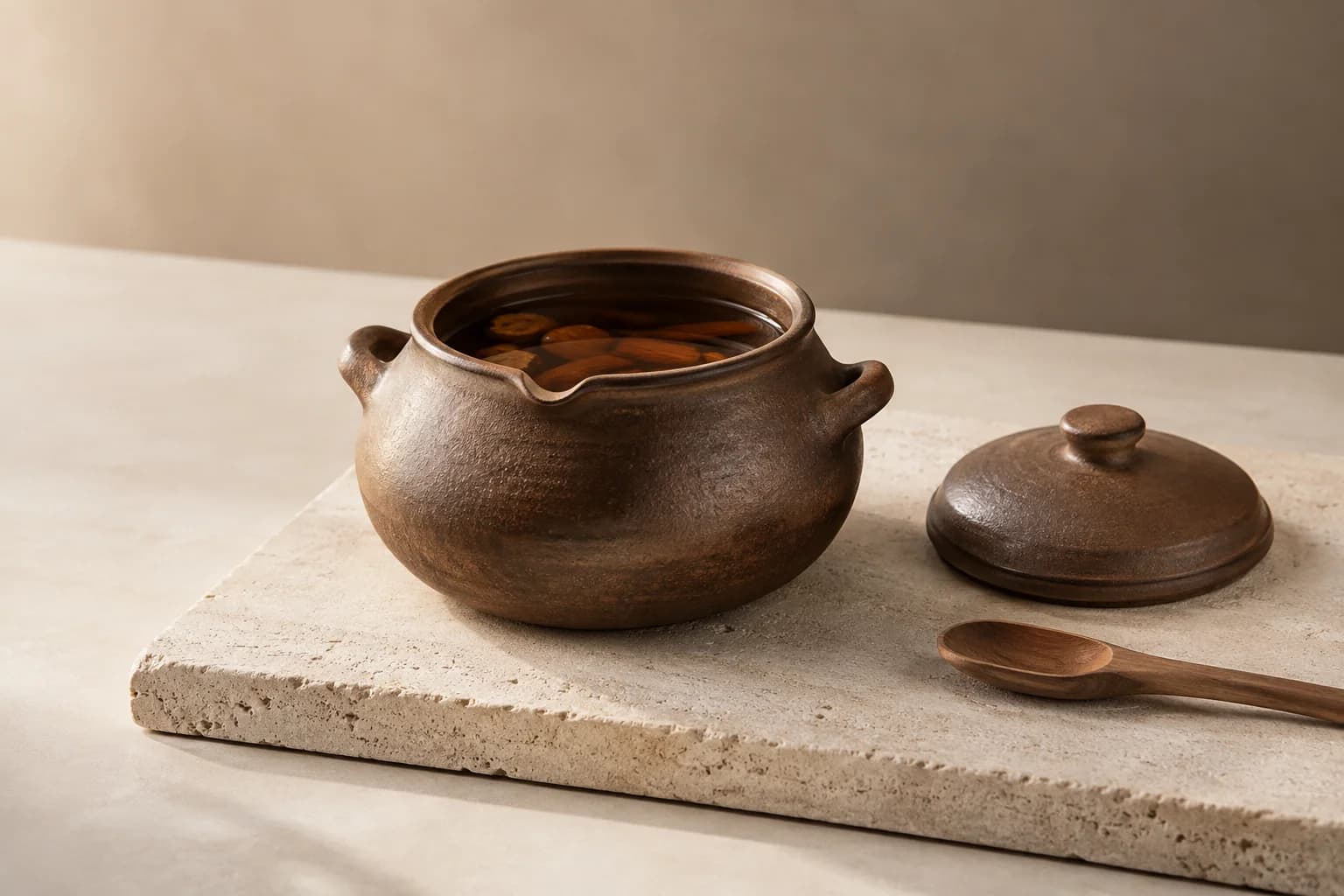 A chestnut-brown ceramic herbal pot with amber infusion, its lid set beside it on pale limestone, in a generated home-brewing concept.