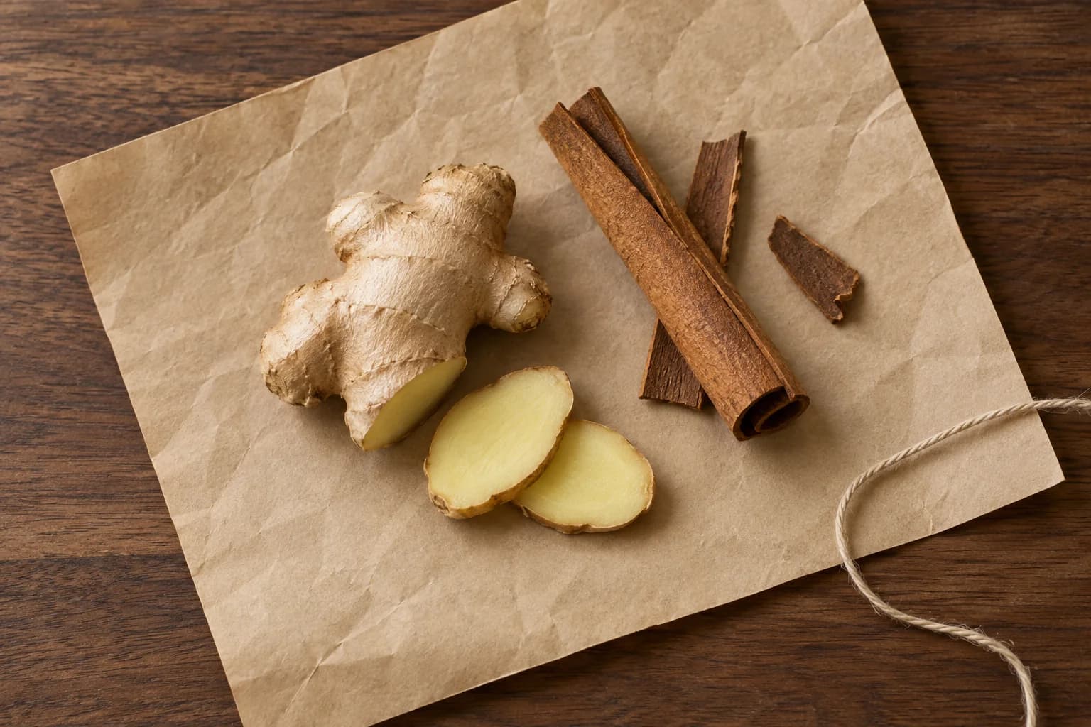 Fresh ginger and cinnamon bark on kraft paper over walnut wood, photographed from above in a generated herbal still life.